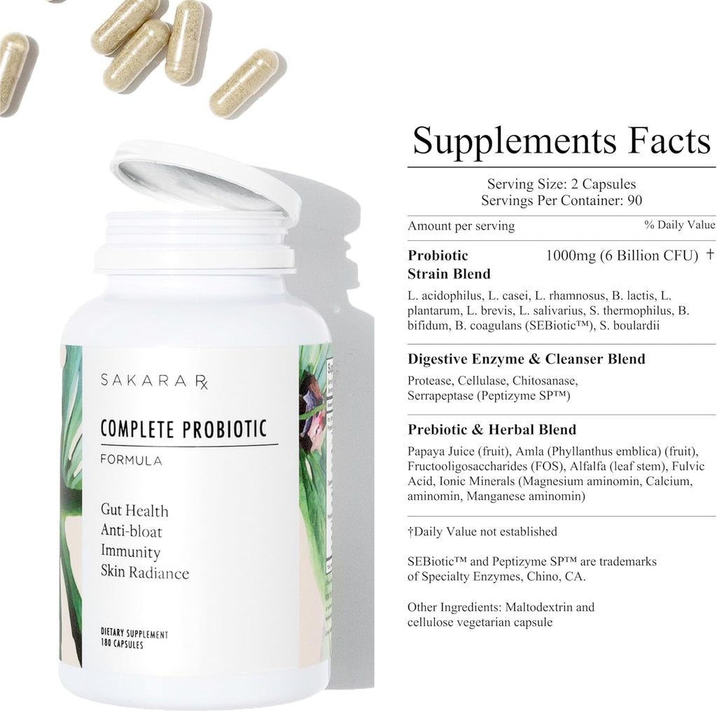 SAKARA Complete Probiotic, 180 Capsules - Probiotics for Women Digestive Health, Gut Health Pre and Probiotics for Women, Prebiotics and Probiotics