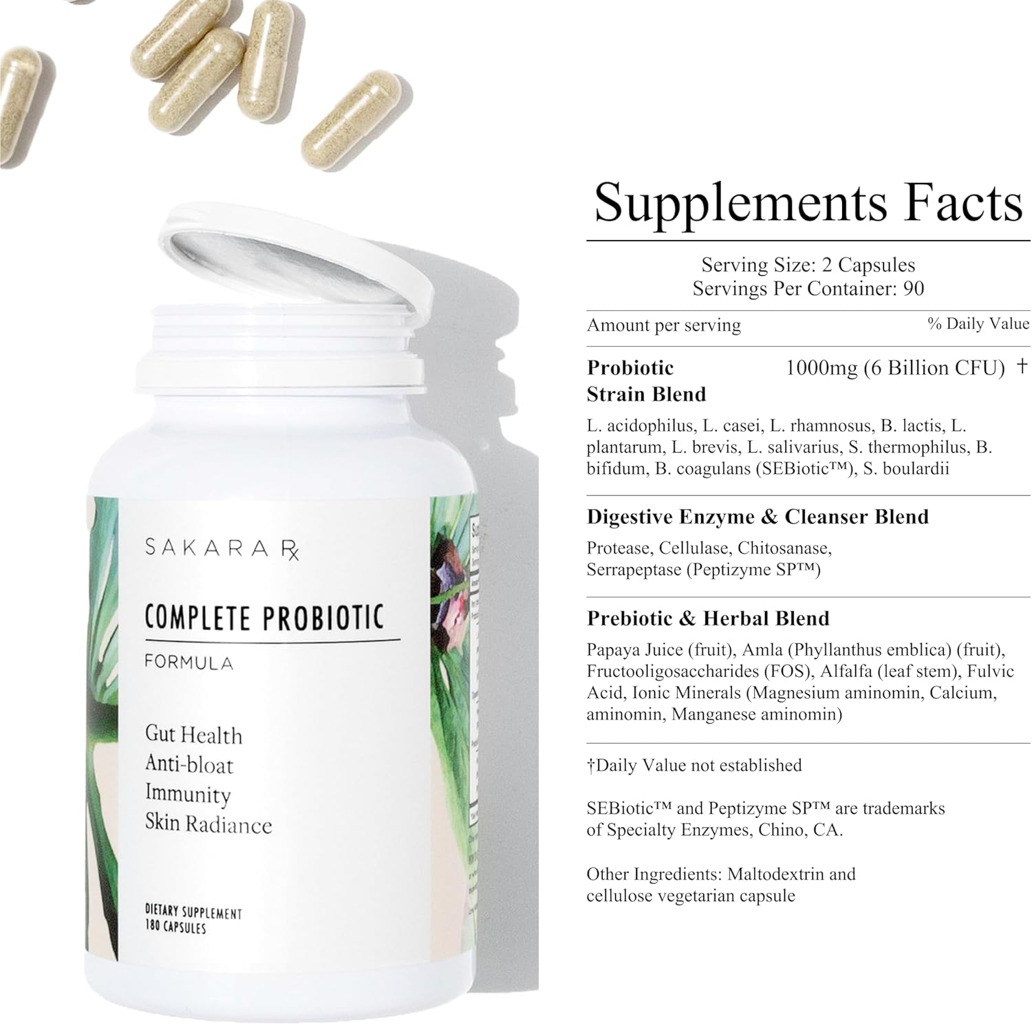 SAKARA Complete Probiotic, 180 Capsules - Probiotics for Women Digestive Health, Gut Health Pre and Probiotics for Women, Prebiotics and Probiotics