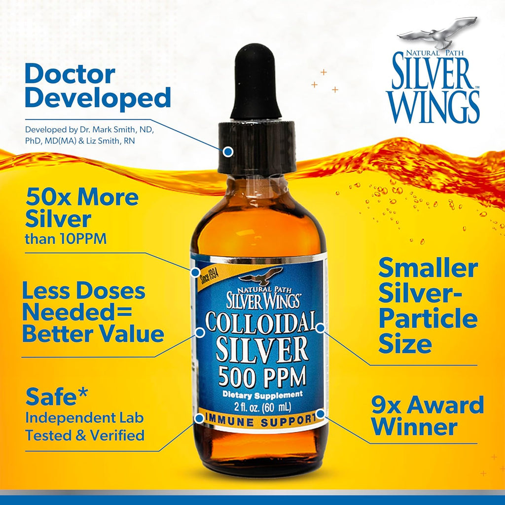 Natural Path Silver Wings Colloidal Silver - Extra Strength Liquid Immune Support Supplement - - 500ppm (2500mcg) - 2oz Dropper