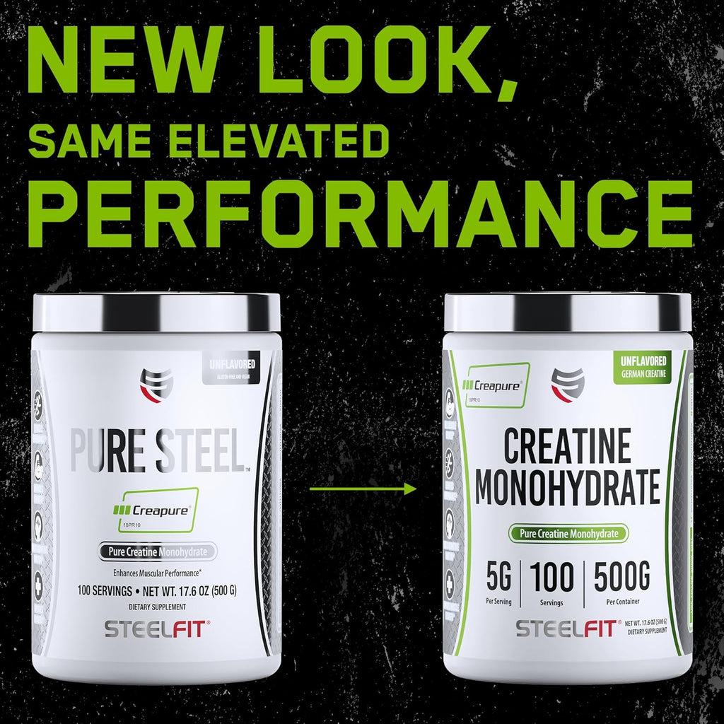 SteelFit Creapure Creatine Monohydrate Powder, Unflavored - German Micronized Creatine Powder for Men & Women - Gym Workout Nutritional Supplements for Muscle Gain, Brain Health & Strength Building