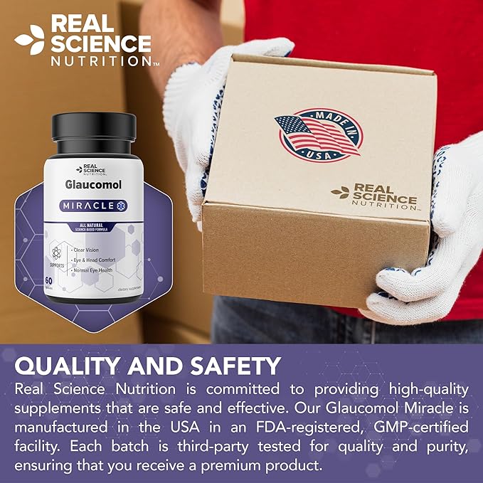 Real Science Glaucomol Miracle - Natural Eye Vitamins & Eye Supplements for Optic Nerve & Ocular Circulation Support – with Vitamins C, D & B12 for Vision Clarity & Eye Comfort – Made in USA, 60 Caps
