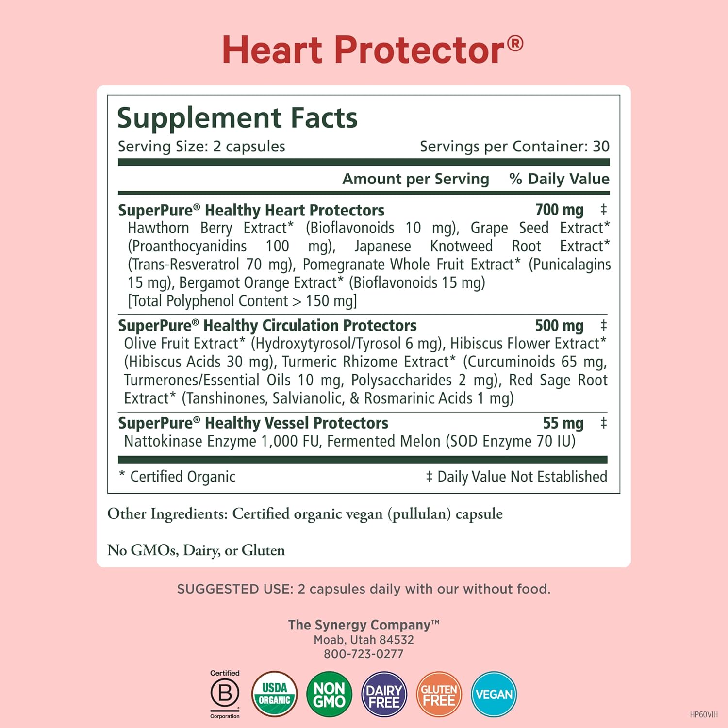 PURE SYNERGY Heart Protector | Organic Holistic Heart Supplement with Organic Hawthorn Berry, Resveratrol, and Nattokinase | for Blood and Vascular Support (60 Capsules)
