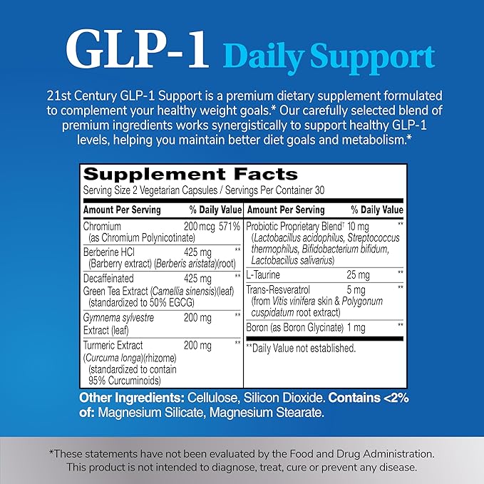 21st Century GLP-1 Daily Support Supplement (60 Count), Weight Management, Exercise, & Daily Metabolism Health Support, Vegetarian Capsules with Turmeric, Barberry, & Green Tea Extract, Gluten-Free