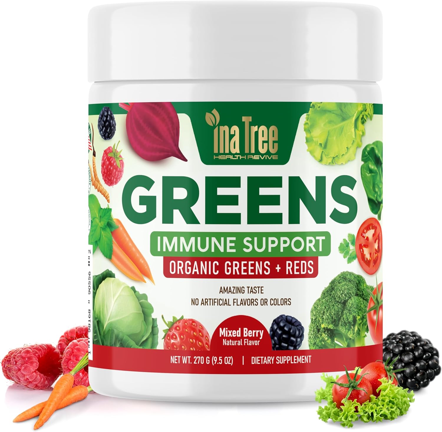 Greens Powder Immune Support, Superfood Blend with 20 Organic Greens & Superfruits, Boost Energy Level, Digestive Enzymes & Prebiotic Blend, Natural Mixed Berry Flavor (9.5 Oz)