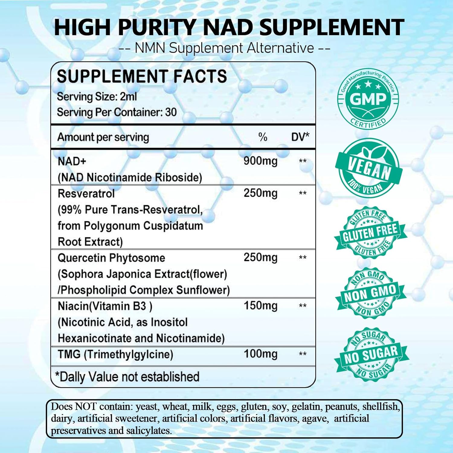 NAD Supplement, Liposomal NAD Nicotinamide Riboside Resveratrol 900mg Quercetion, TMG, Vitamin B3, High Potency NAD Plus Liquid Supplement for Cell Regenerator, Longevity, Energy, Anti-Aging, Focus