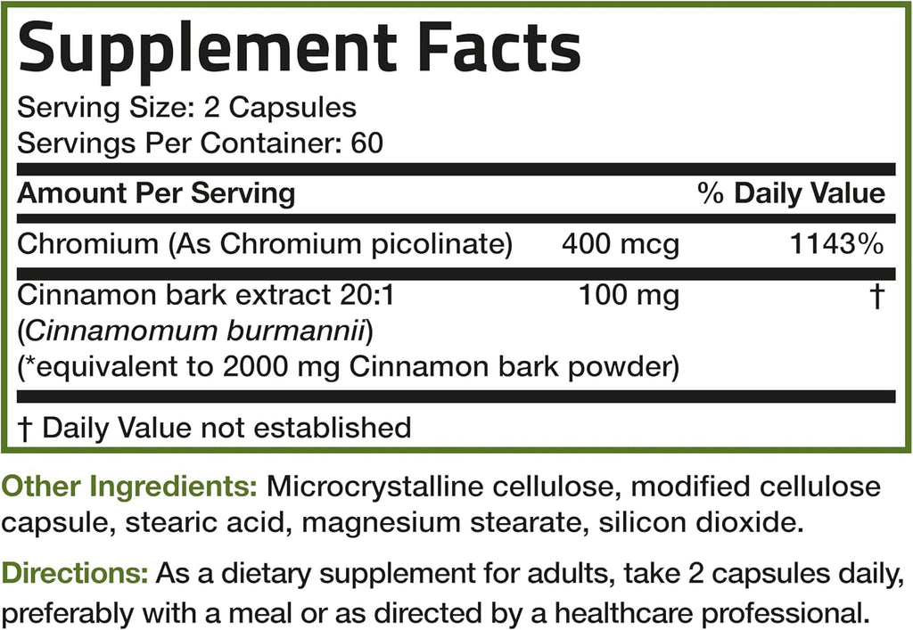 Bronson Cinnamon Plus Chromium Picolinate Supplement, High Potency Chromium, Non-GMO, 120 Vegetarian Capsules