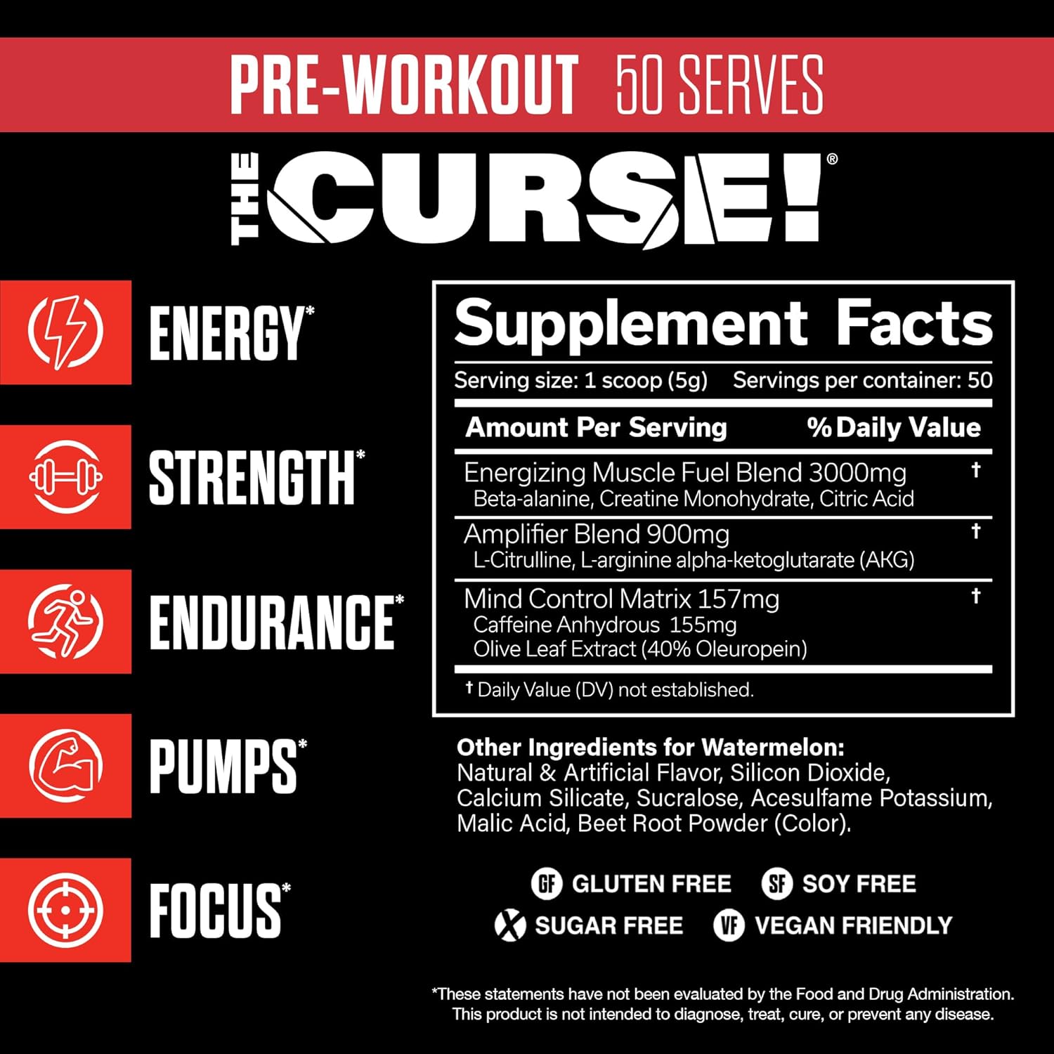 JNX SPORTS The Curse! Pre Workout Powder for Men & Women, Caffeine, Beta-Alanine, Creatine, L-Citrulline, 50 Servings, Watermelon Flavor – Boost Energy, Strength & Focus