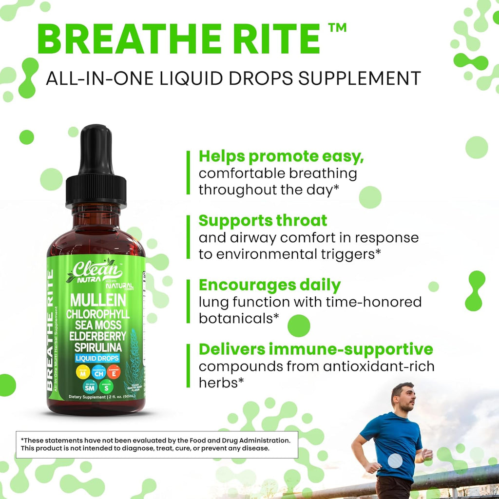 Clean Nutra Mullein Drops for Lungs Organic Chlorophyll Liquid Irish Sea Moss, Spirulina, Licorice, Tart Cherry Lobelia, Motherwort & Elderberry Mullein Leaf Extract Tincture Men Women Supplement