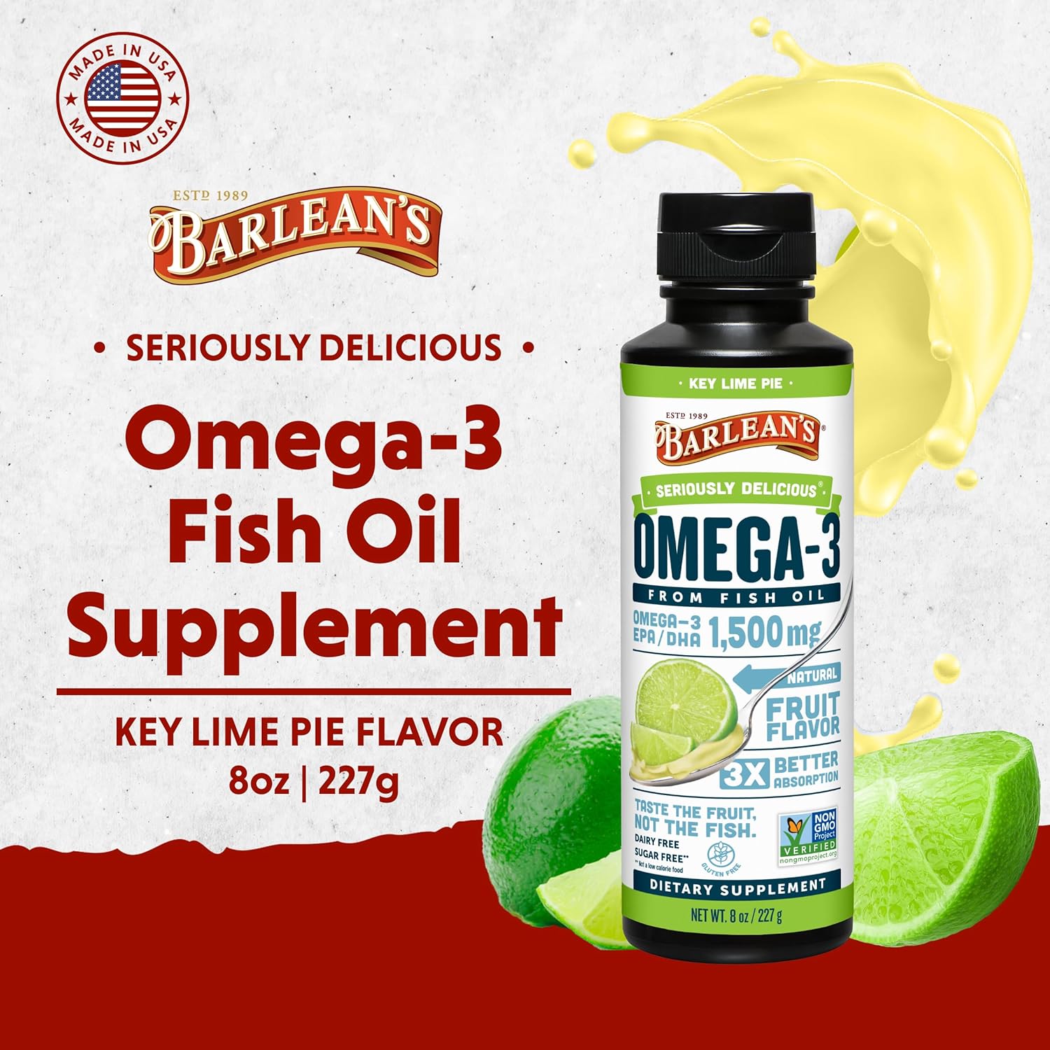 Barlean's Key Lime Pie High Potency Omega 3 Fish Oil Liquid Supplement, 1500mg of EPA& DHA Fatty Acid, Smoothie Flavored & Burpless for Brain, Joint, & Heart Health, 8 oz