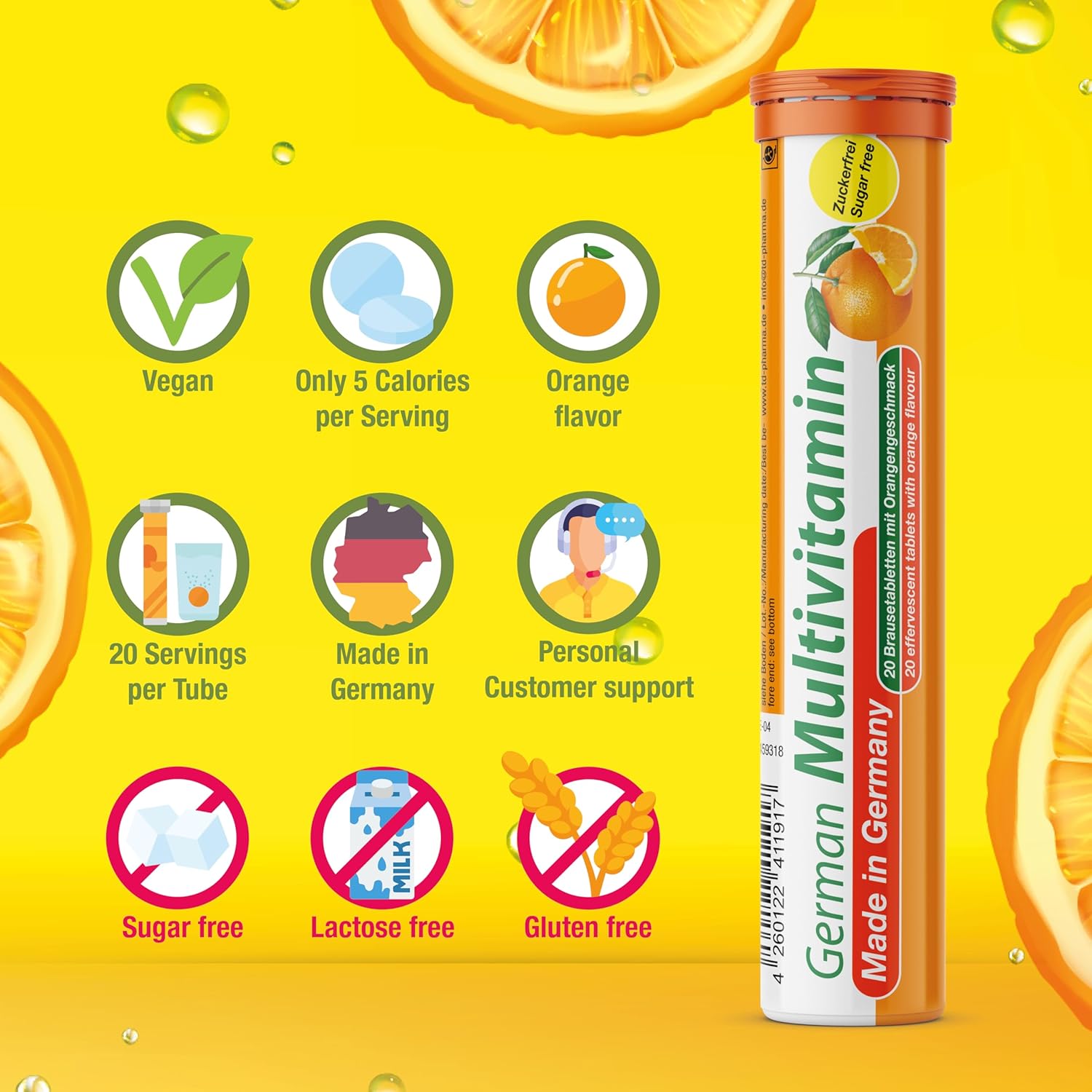 T&D German Multivitamin Drink Effervescnet Tablets 60 Servings Orange Flavour - Vitamin C, E, B1, B2, B6, B12, Biotin, Folic Acid, Niacin, Pantothenic Acid Pharma – Made in Germany