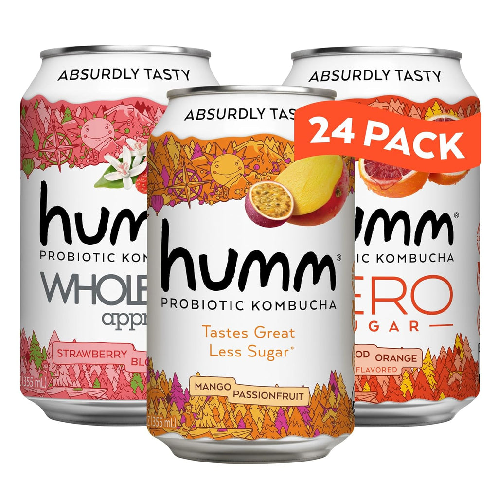Humm Kombucha Sampler Pack, Includes Original Mango Passionfruit Kombucha, Zero Sugar Blood Orange, Whole30 Approved Strawberry Blossom (Pack of 24)