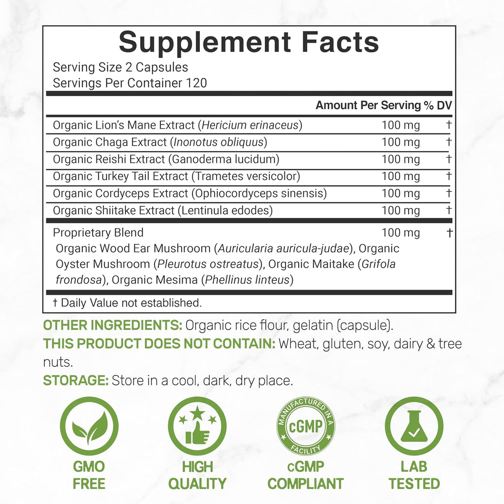 Organic 10-in-1 Mushroom Supplement, 240 Capsules – Lions Mane, Turkey Tail, Reishi, Cordyceps & More Mushroom Complex – Immune, Energy & Nootropic Brain Support – Non-GMO