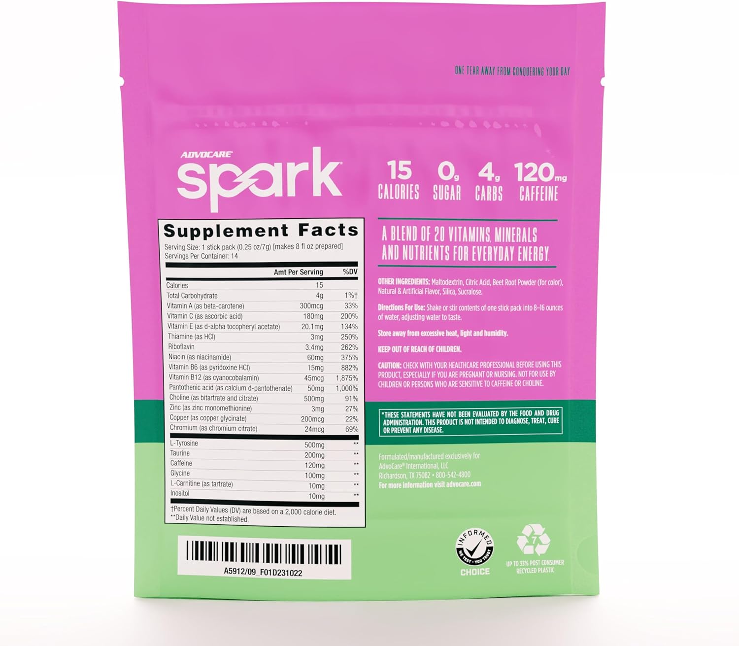 AdvoCare Spark Vitamin & Amino Acid Supplement - Focus & Energy Drink Powder Mix with Vitamin A, B-6, C & E - Also Includes L-Carnitine & L-Tyrosine - Water Melon, 14 Stick Packs