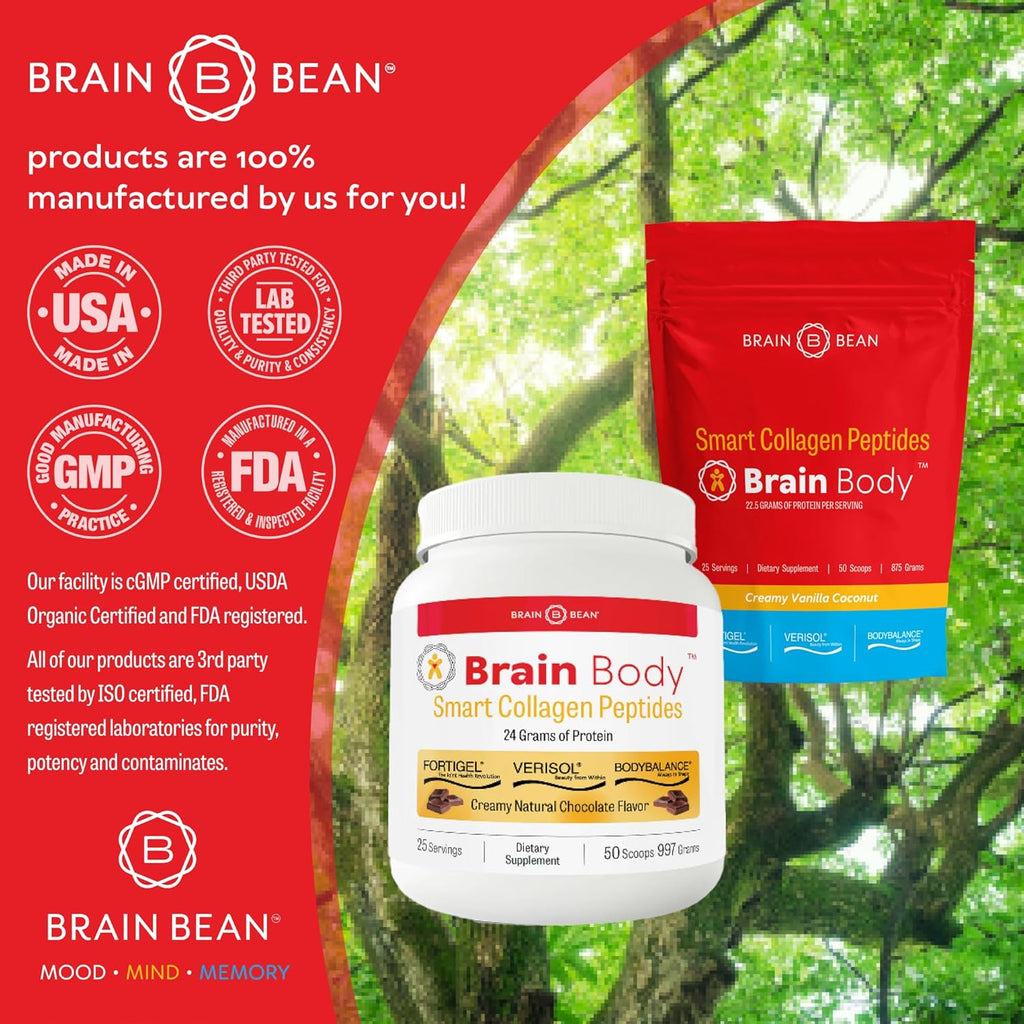 Brain Body Collagen Peptides Powder - Vital Protein & Collagen Supplement for Women & Men - Hydrolyzed Type I & III for Hair, Skin, Nails & Joint Health - 25 Servings - Creamy Vanilla Coconut - 875g