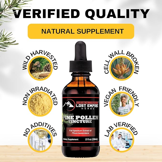 Lost Empire Herbs Pine Pollen Tincture Pine Pollen Liquid Extract for Testosterone - Alcohol Tincture is Superior for Better Absorption, 3rd Party Lab Tested (2 Ounce)