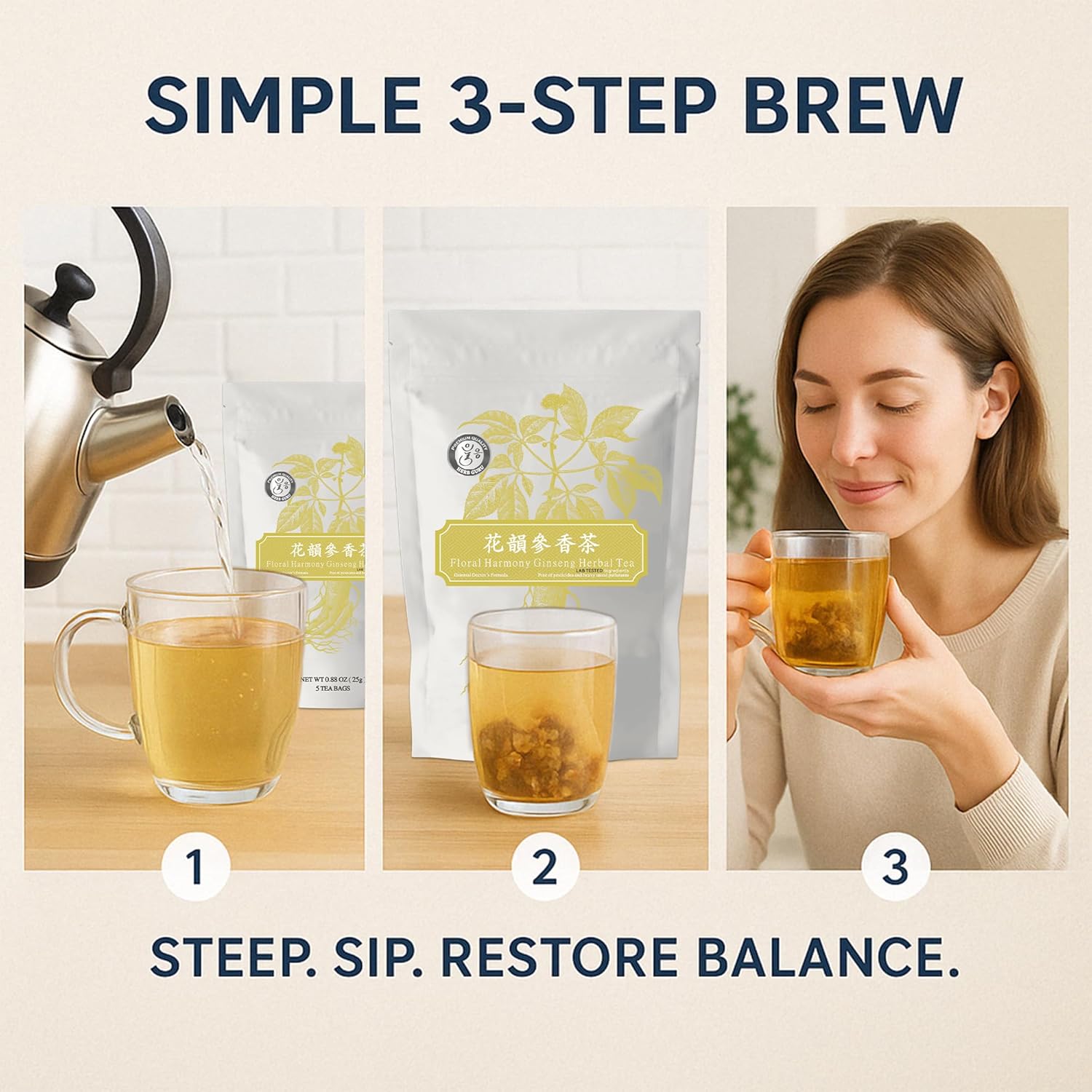 Herb Guru Floral Harmony Ginseng Herbal Blend with Rosa Rugosa and Chrysanthemum Flowers Natural Tea in Convenient Tea Bags | Herbal Infusion for Relaxation Wellness and Daily Balance