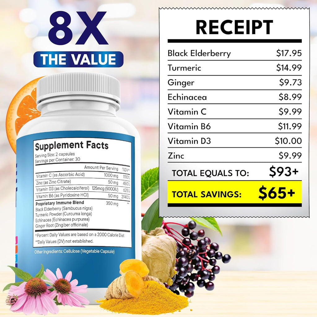 8 in 1 Immune Support Booster Supplement with Echinacea, Vitamin C and Zinc 50mg, Vitamin D 5000 IU, Turmeric Curcumin & Ginger, B6, Elderberry (8 in 1 Capsules (Pack of 5))