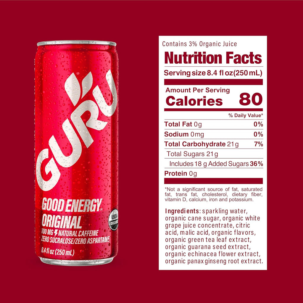 GURU Original Organic Energy Drinks, Clean Energy Drink with Plant Based Natural Caffeine from Green Tea, Gluten Free and Vegan, 100MG Caffeine, Healthy Drinks, 8.4oz (Pack of 24)