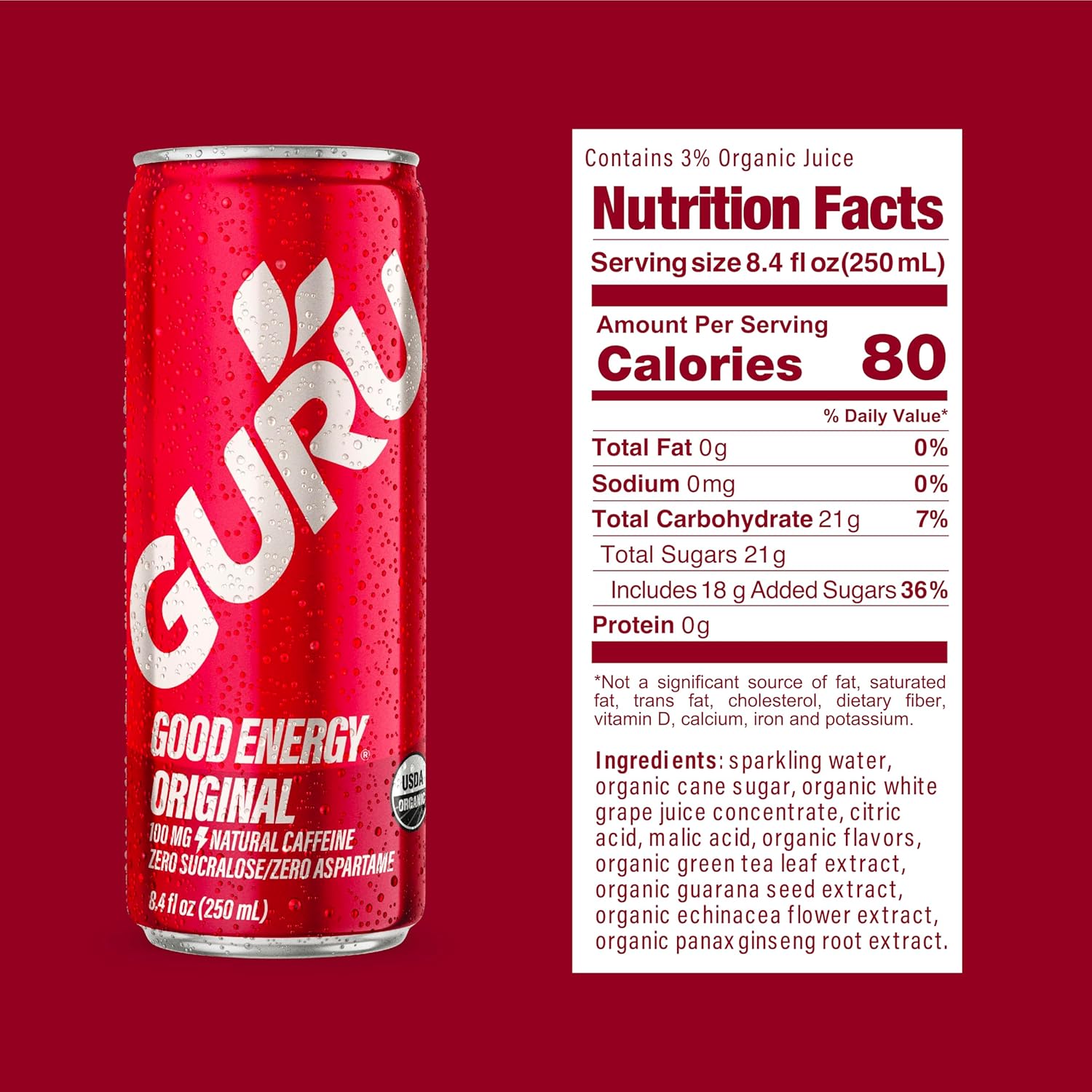 GURU Original Organic Energy Drinks, Clean Energy Drink with Plant Based Natural Caffeine from Green Tea, Gluten Free and Vegan, 100MG Caffeine, Healthy Drinks, 8.4oz (Pack of 24)