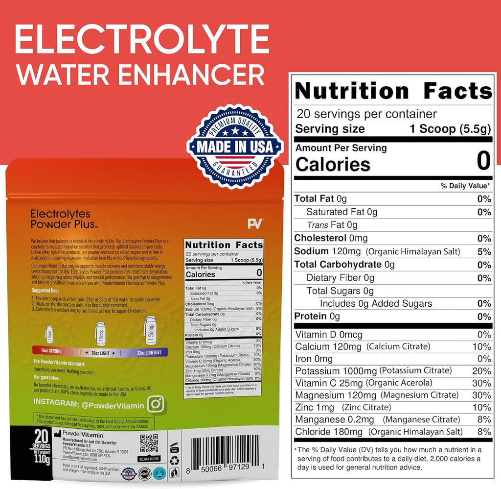 PowderVitamin Electrolytes Powder Plus (20 Servings) Strawberry Cucumber Electrolyte Powder Zero Calorie Keto,0Sugar,No Maltodextrin,1000mg Potassium,120mg Calcium,120mg Magnesium, Pink Himalayan Salt