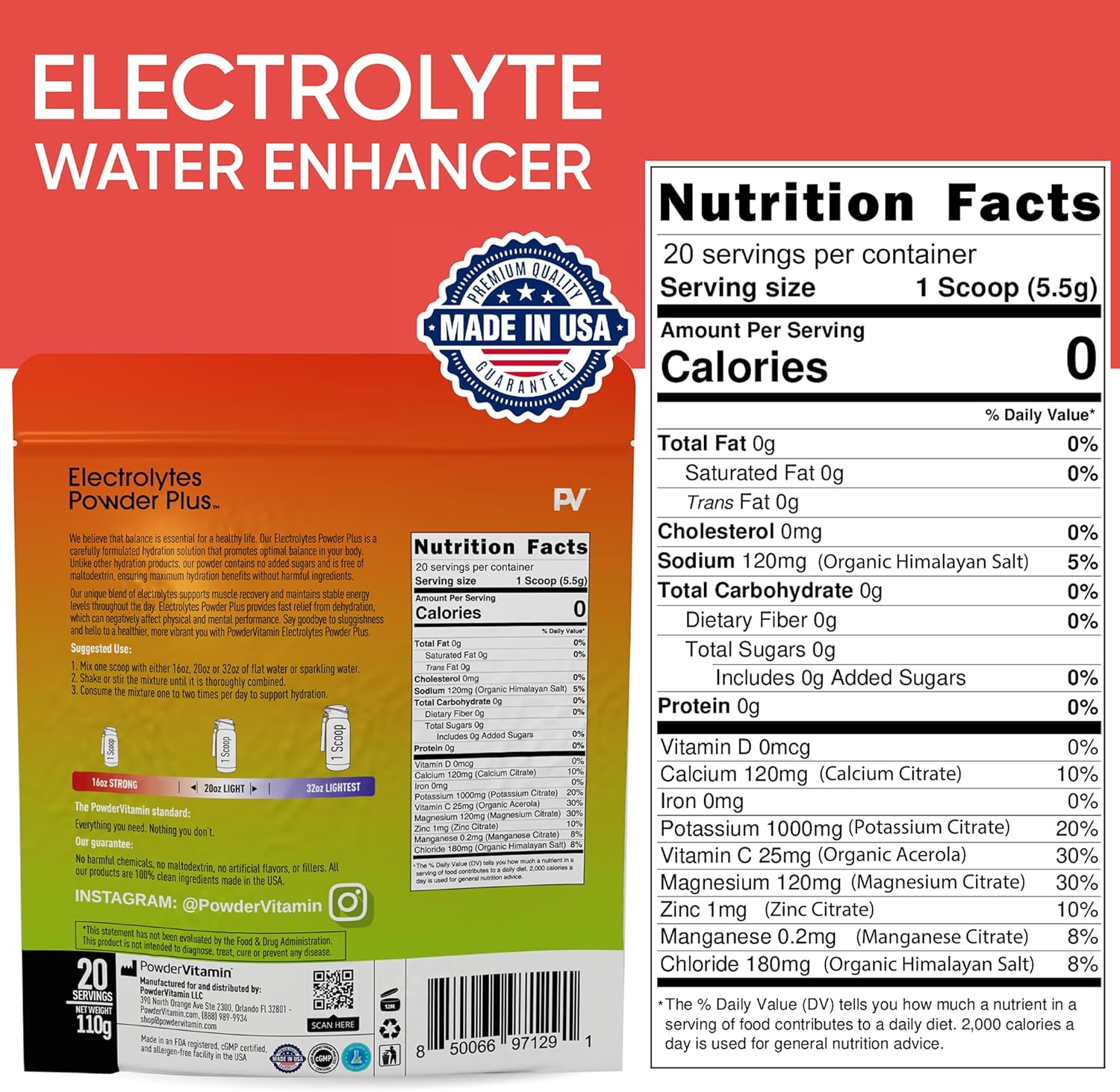 PowderVitamin Electrolytes Powder Plus (20 Servings) Strawberry Cucumber Electrolyte Powder Zero Calorie Keto,0Sugar,No Maltodextrin,1000mg Potassium,120mg Calcium,120mg Magnesium, Pink Himalayan Salt