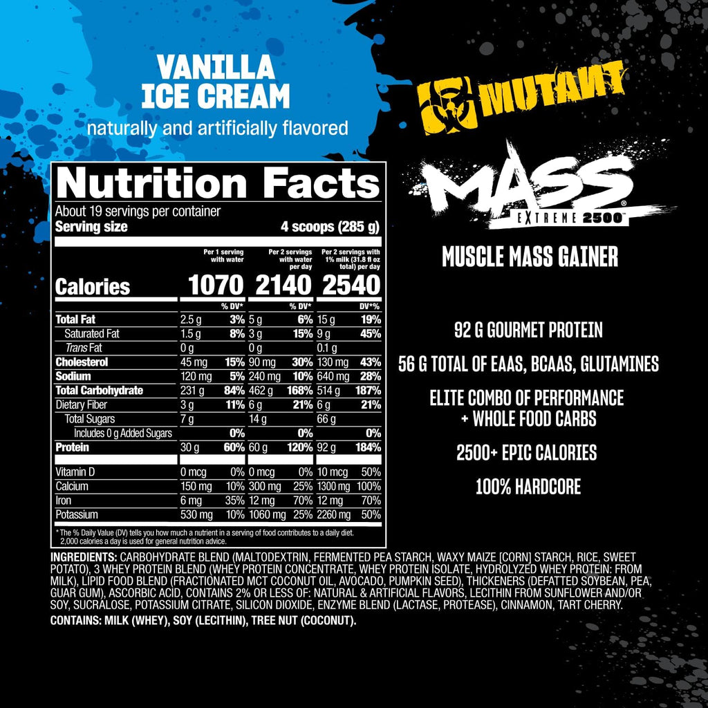 Mutant Mass Extreme Gainer – Whey Protein Powder – Build Muscle Size and Strength – High Density Clean Calories (Vanilla Ice Cream, 12 lbs)
