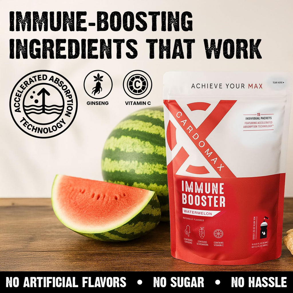 CardoMax Immunity Booster Liquid Drink Mix with Ginseng and Vitamin C for Kids and Adults, Immune Support Supplement for Energy and Wellness, Watermelon Flavor, 15 Single-Serve Liquid Stick Packs