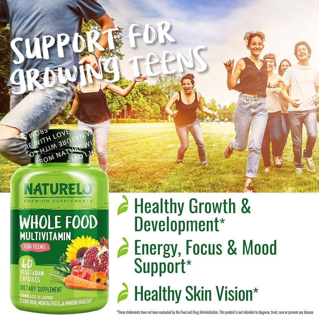 NATURELO Teen Multivitamin - Whole Food Multivitamin - with Minerals for Teenage Boys & Girls - Supplement for Active Kids - Non-GMO - Vegan & Vegetarian - 60 Capsules