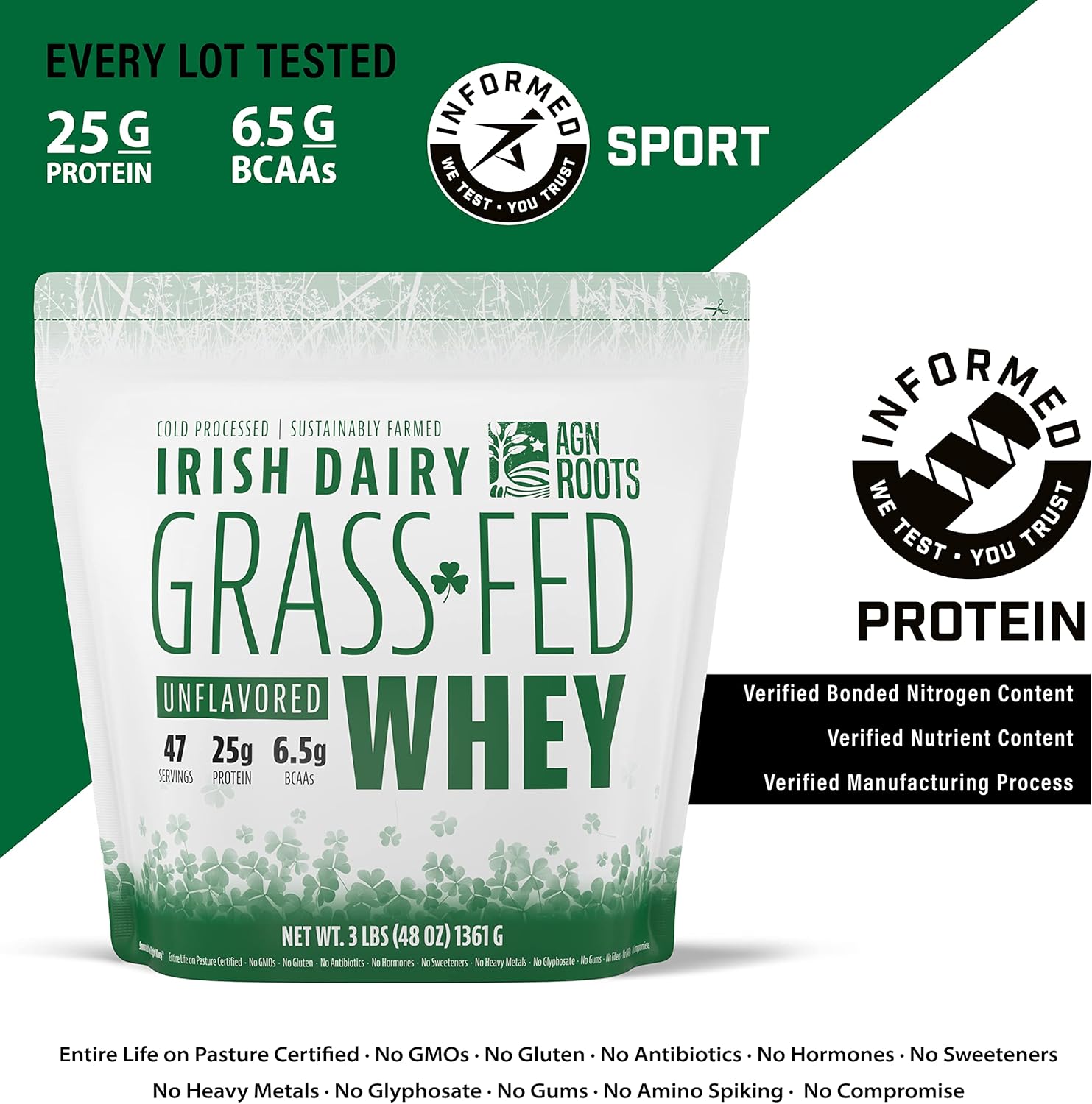 Grass Fed Whey Protein Powder Isolate - Unflavored - Unsweetened - Certified Entire Life On Pasture - A Greener World - ASPCA Registered Brand List - Informed-Sport - 3lbs