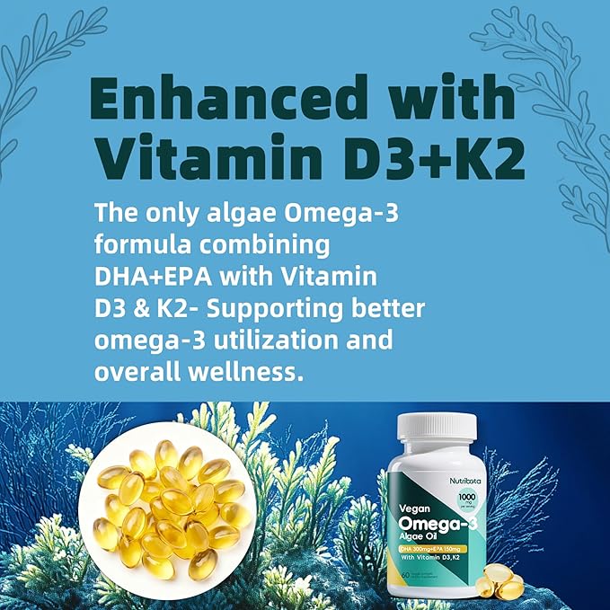 Vegan Omega 3 Softgels | 1000mg Algae Oil as Fish Oil Alternative | 300mg DHA + 150mg EPA | Omega 3 Supplements with Vitamin D3 & K2 for Brain, Eye, Skin& Immunity | 60 Count