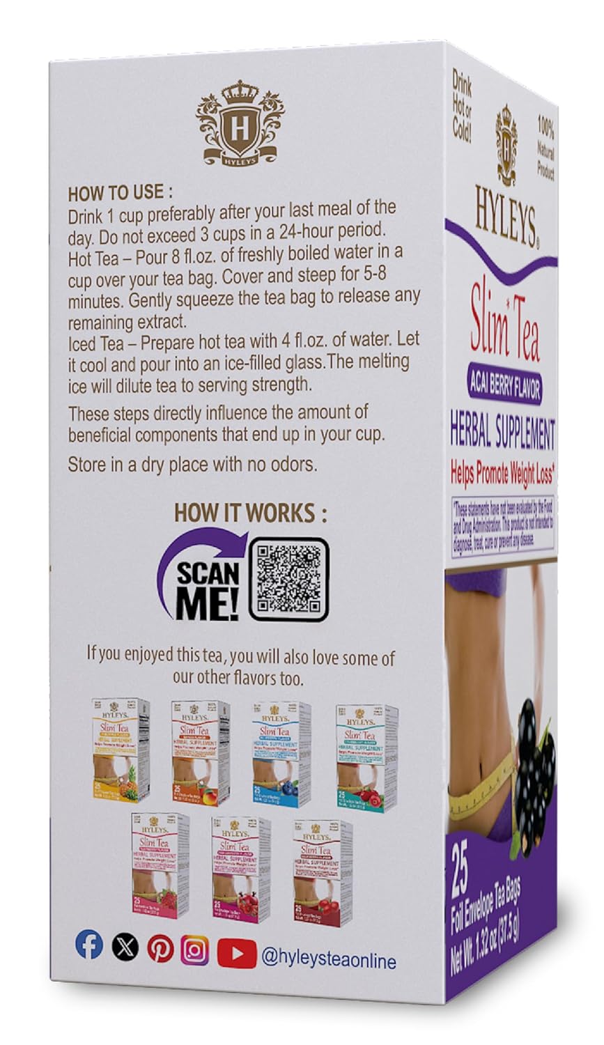 Hyleys Slim Tea Acai Berry Flavor - Weight Loss Herbal Supplement Cleanse and Detox - 25 Tea Bags (6 Pack)