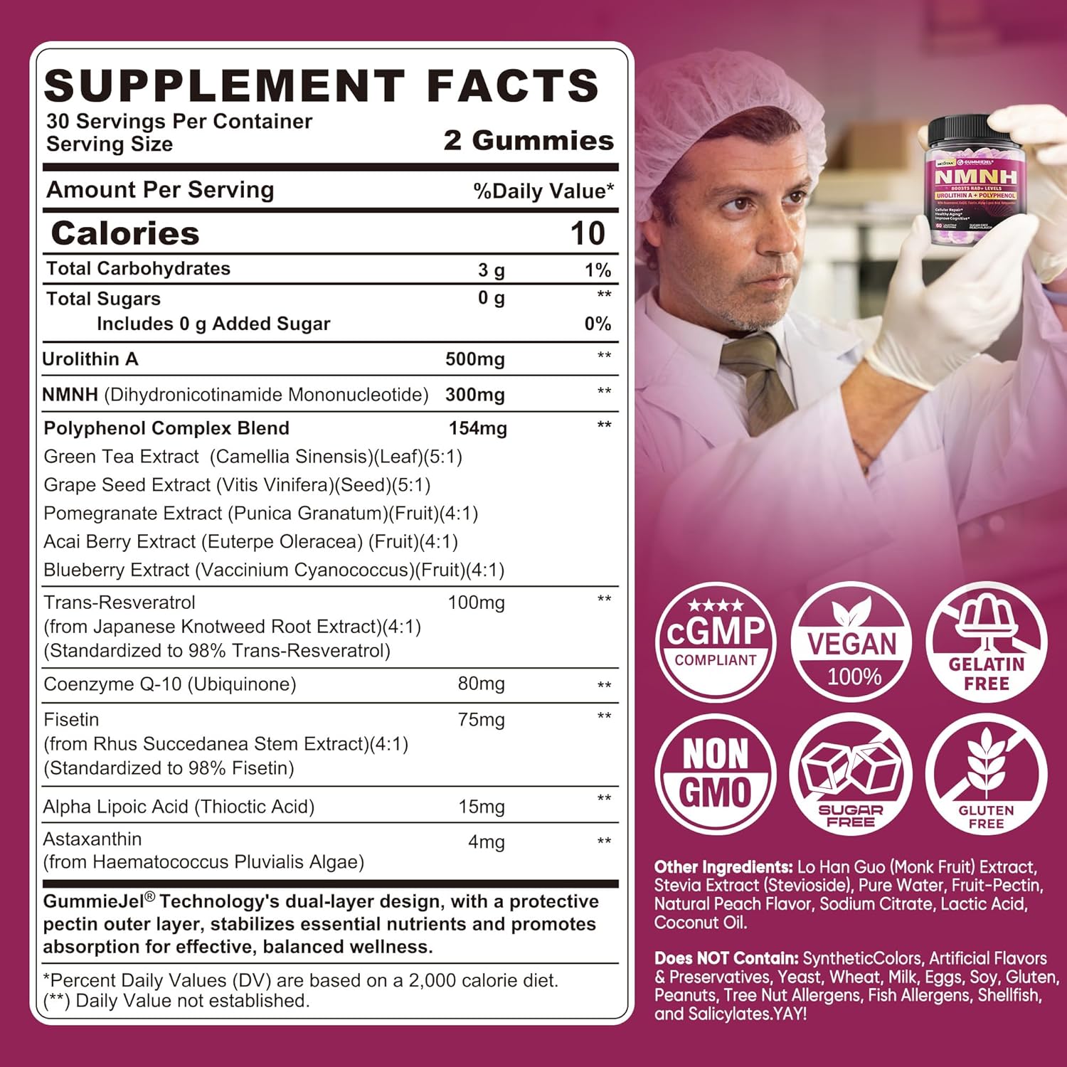 NMNH Gummies 300MG with Urolithin A, Polyphenol Blend, Resveratrol, NAD+ Supplement for Women & Men Boost NAD+ Levels, Optimized Aging, Cell Regeneration, DNA Repair, Energy, Focus, Sugar Free, 60cts