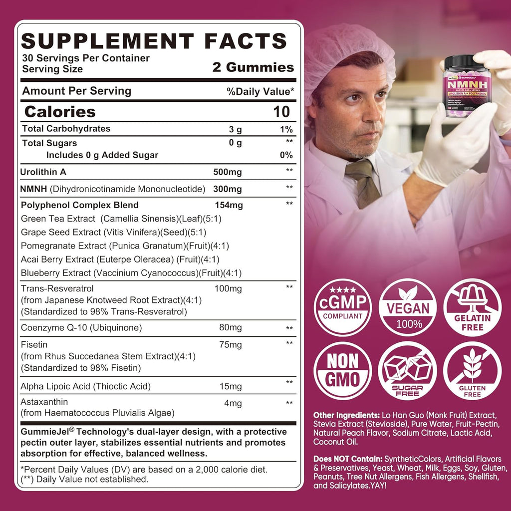 NAD+ Supplement for Women & Men, NMNH Gummies with Urolithin A, Polyphenol Complex, Resveratrol, Ultra Strength Optimized Aging, Cell Regeneration, Longevity, DNA Repair, Focus, Sugar Free, 120ts