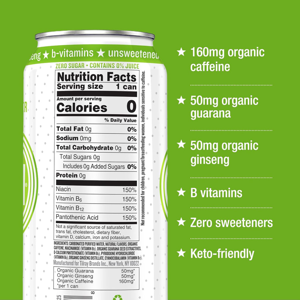 Hiball Clean Energy Drink - Lemon Lime - Zero Sugar, Zero Calorie Sparkling Water with 160mg Organic Caffeine, 50mg Organic Ginseng, 50mg Organic Guarana - 16 fl oz (8-Pack)