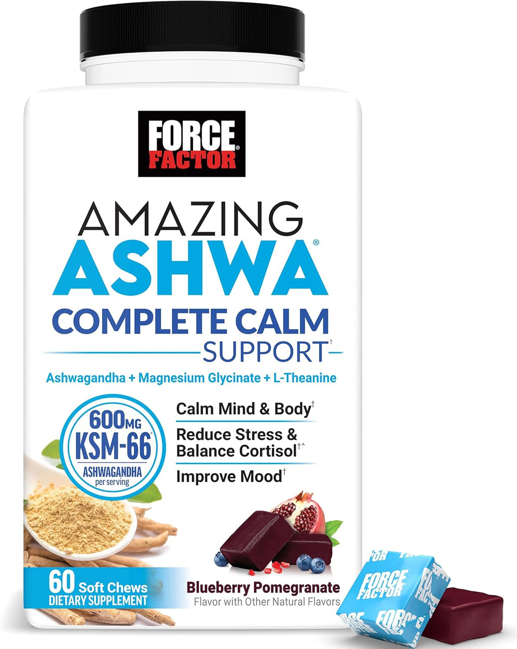 FORCE FACTOR Amazing Ashwa Complete Calm Support with KSM-66 Ashwagandha, Like Ashwangandha Gummies to Promote Calm & Relaxation with Magnesium & L-Theanine, Blueberry Pomegranate, 60 Soft Chews