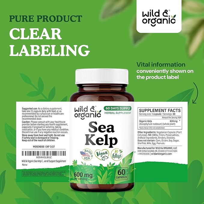 Wild & Organic Sea Kelp Supplement Capsules 600 mg - Immune & Overall Support - Sea Kelp Iodine for Men & Women - Ocean Seaweed Supplement - Vegan, No Fillers, Non-GMO - 60 Count