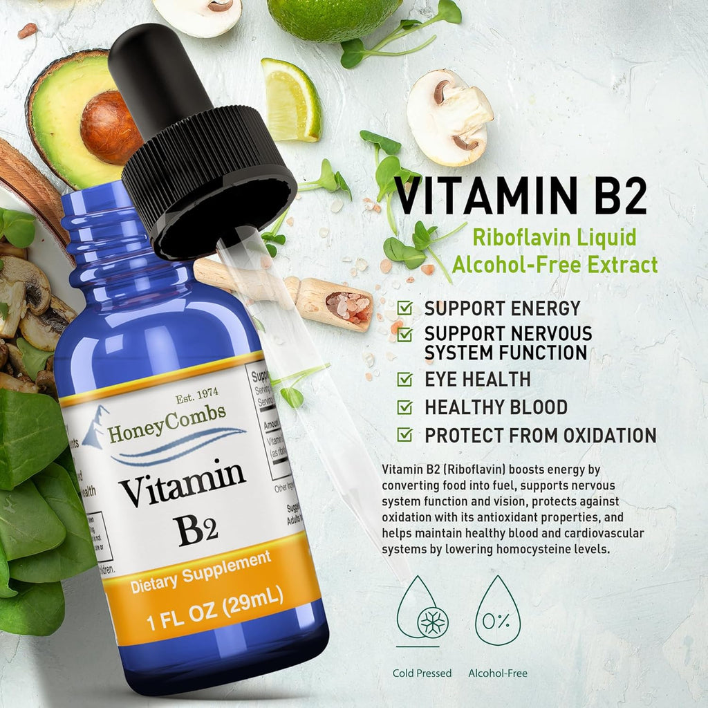 HoneyCombs Vitamin B2 Riboflavin Supplement Liquid Drops - High Potency Vitamin B2 for Men & Women - Maintain Healthy Digestion, Nervous System, Hair, Skin, Nails - Vegan Liquid Vitamins (1 Fl oz)