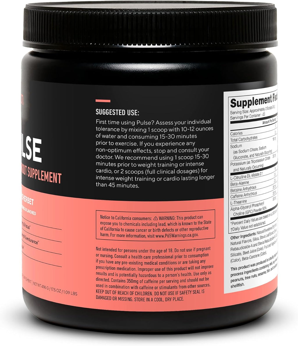 LEGION Pulse Pre Workout - All Natural Nitric Oxide Preworkout Drink to Boost Energy, Creatine Free, Naturally Sweetened, Beta Alanine, Citrulline, Alpha GPC (Rainbow Sherbet)