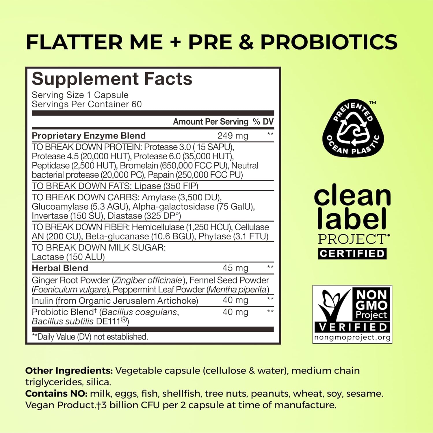 HUM Flatter Me Digestive Enzymes with Probiotics & Prebiotics - Fast-Acting Bloat Relief, Digestive Health and Regularity, Vegan Formula 60 Servings