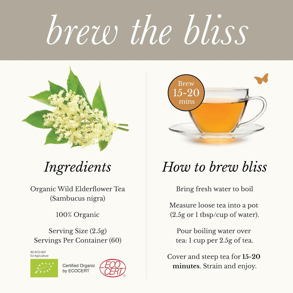 Wild Bliss Organic Elderflower Tea – Immune and Respiratory Support - Caffeine Free Loose Leaf Elder Flowers - 5.29 Ounces - 60 Servings