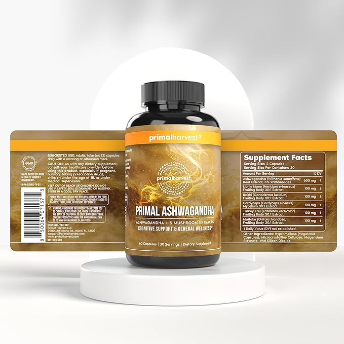 Primal Harvest Ashwagandha Supplement with 5 Mushroom Extracts: Lion’s Mane, Reishi, Cordyceps, Turkey Tail & Maitake for Immune Support & Cognitive Health (60 Count (Pack of 2)