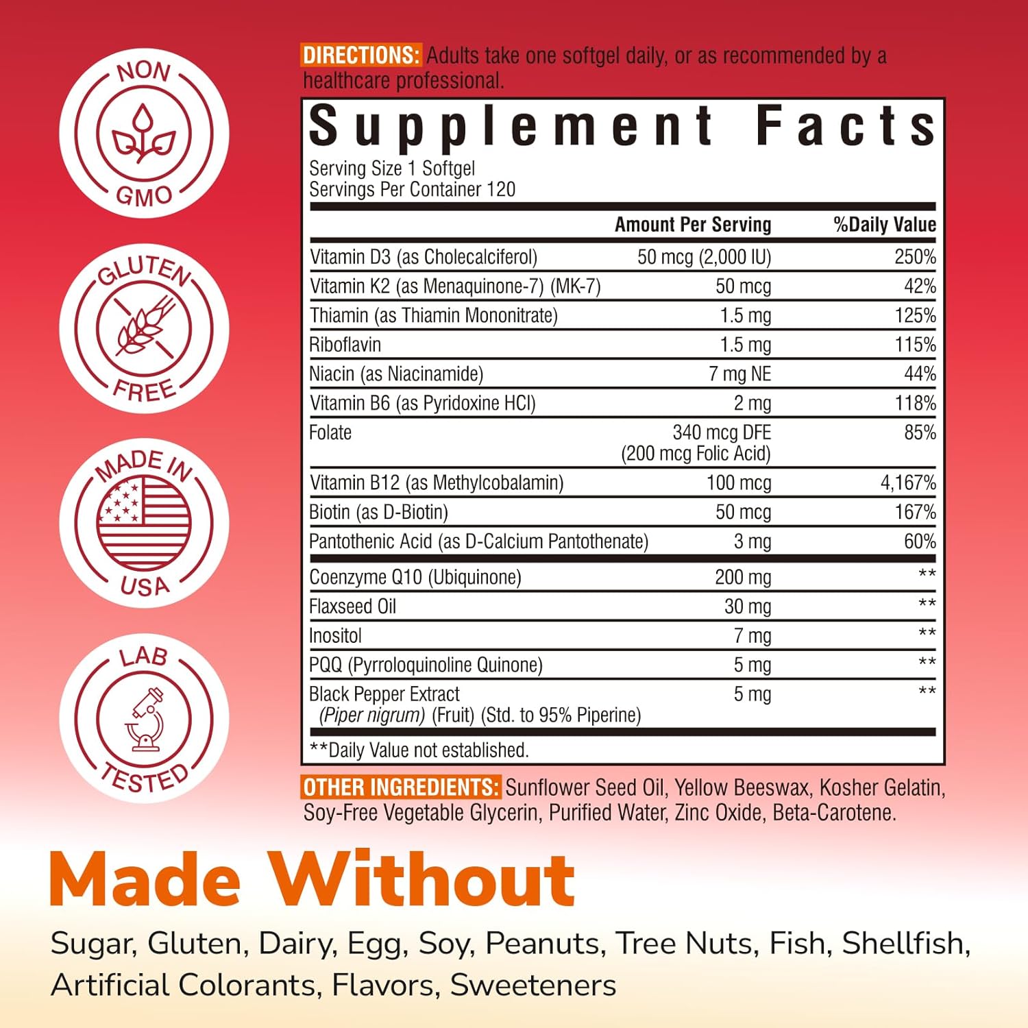 CoQ10 200mg, Ubiquinone with PQQ, Folate, Niacin, K2, D3, Black Pepper, High Absorption, Powerful Antioxidant, Heart Health, Energy Booster, Immunity, 120 Easy to Swallow Softgels
