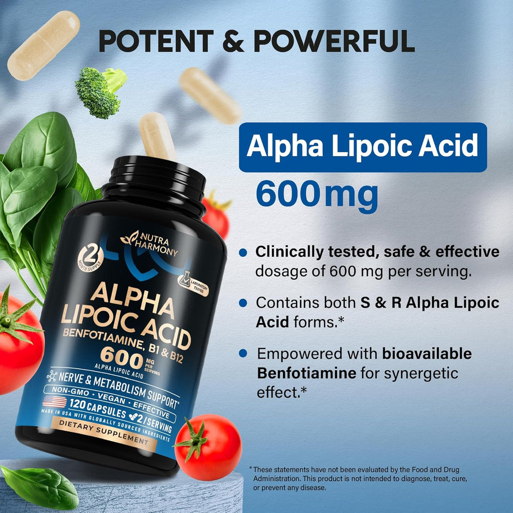 Alpha Lipoic Acid 600mg - ALA Supplement Antioxidant for Nerve, Energy & Metabolism Support - Extra Strength with Benfotiamine, B1 & B12 - Lab Tested, Non-GMO & Vegan - 120 Capsules, 2 Month Supply