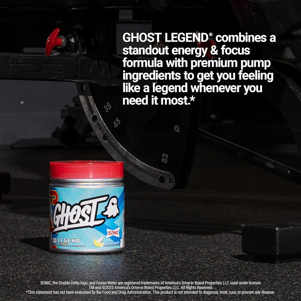 GHOST Legend Pre-Workout Powder, Sonic Ocean Water - 30 Servings – Pre-Workout for Men & Women with Choline, L-Citrulline, & Beta Alanine for Energy & Focus