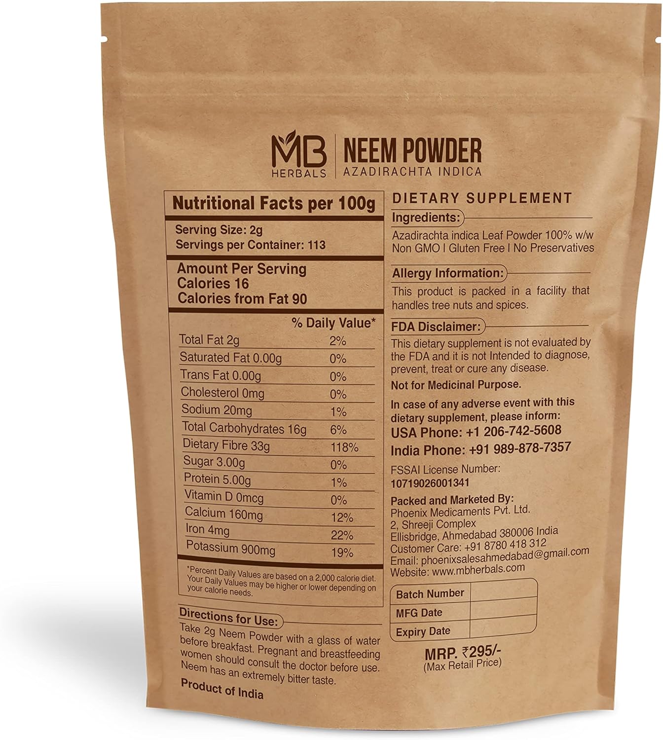 MB Herbals Pure Neem Powder 8 oz | 227 Gram / 0.5 LB Pure Wild-Crafted Neem Leaf Powder | Supplement for Skin and Hair | Azadirachta Indica