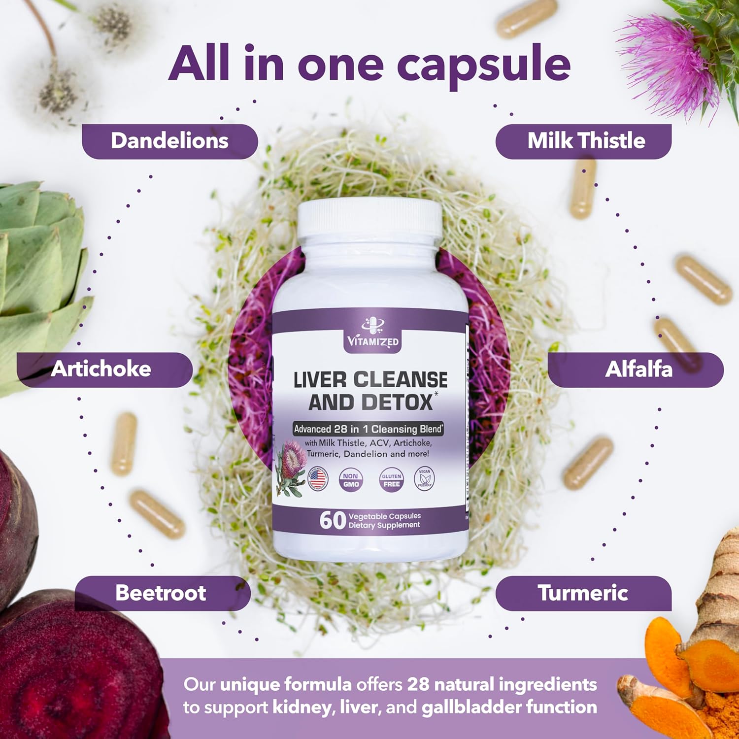 Liver Cleanse Detox & Repair Fatty Liver Supplements 28-in-1 Advanced Herbal Liver Health Supplement Formula - Milk Thistle Silymarin, Artichoke Extract, Dandelion & Apple Cider Vinegar - 60 Pills