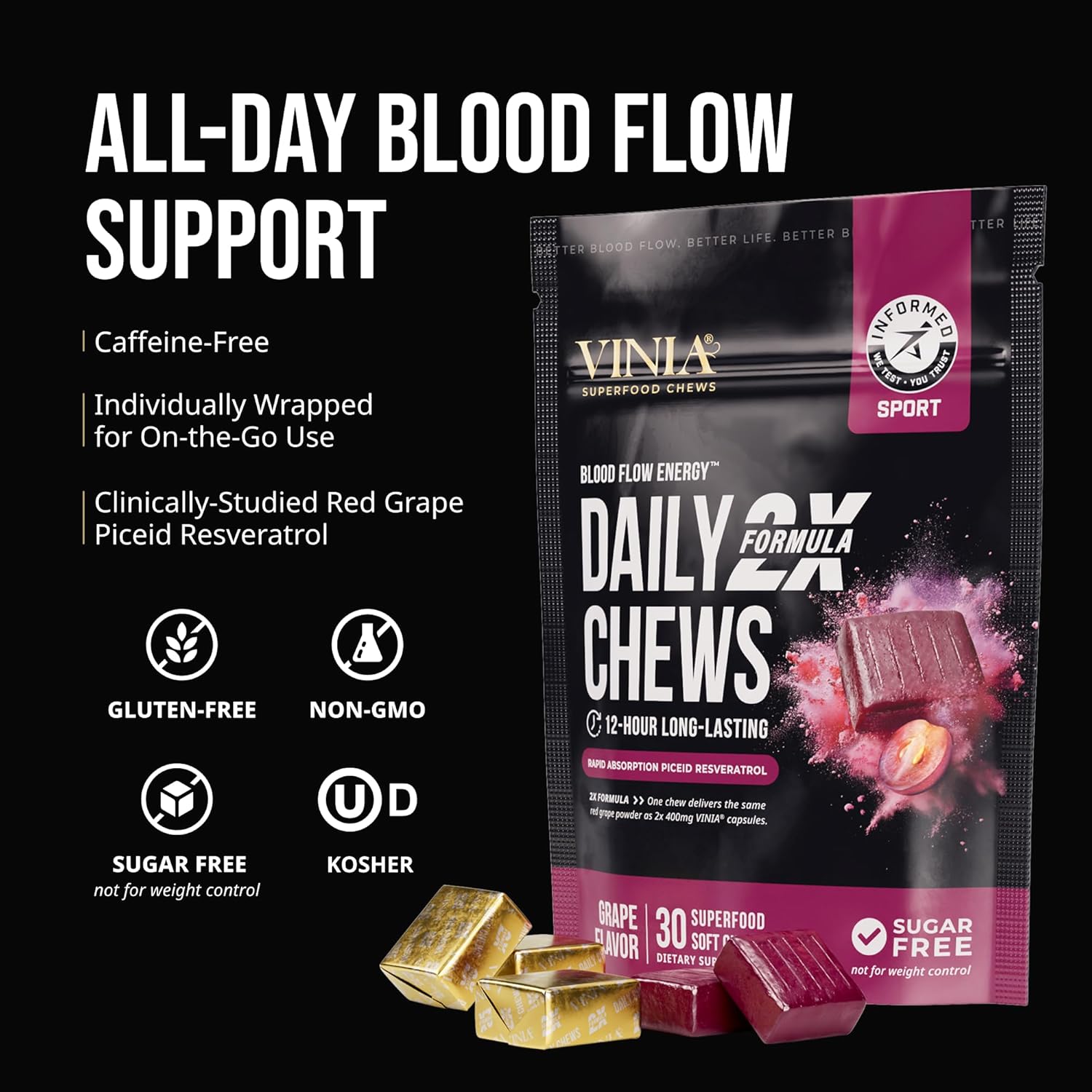 VINIA Superfood Daily Chews 2X Formula – Red Grape Chews Made with Real Piceid Resveratrol for Heart Health, Nitric Oxide, Physical Energy, Alertness, Blood Flow, Kosher, Non-GMO – 30 Ct