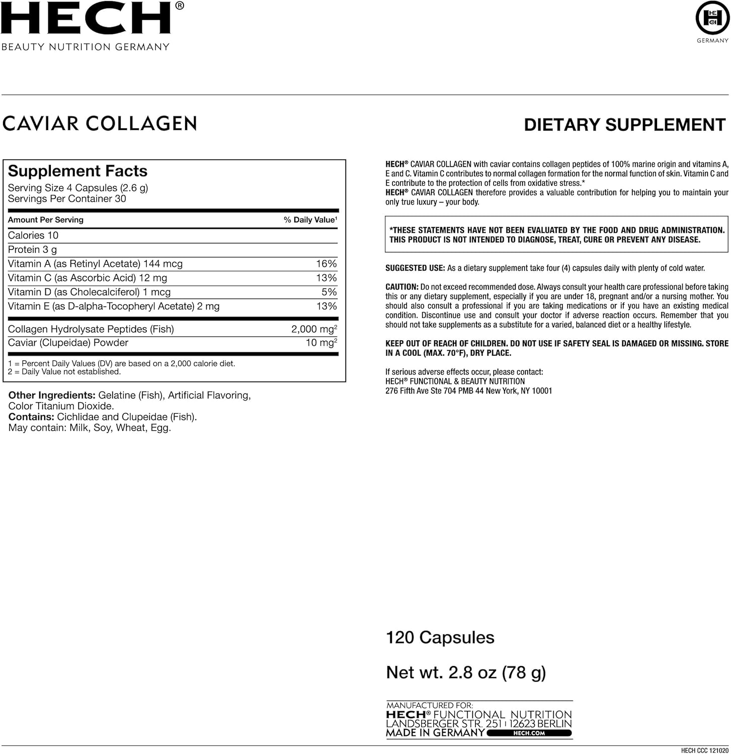 Caviar Collagen Capsules - Beauty Supplement with 2,000 mg Marine Collagen Peptides, Caviar Extract and Vitamin Complex