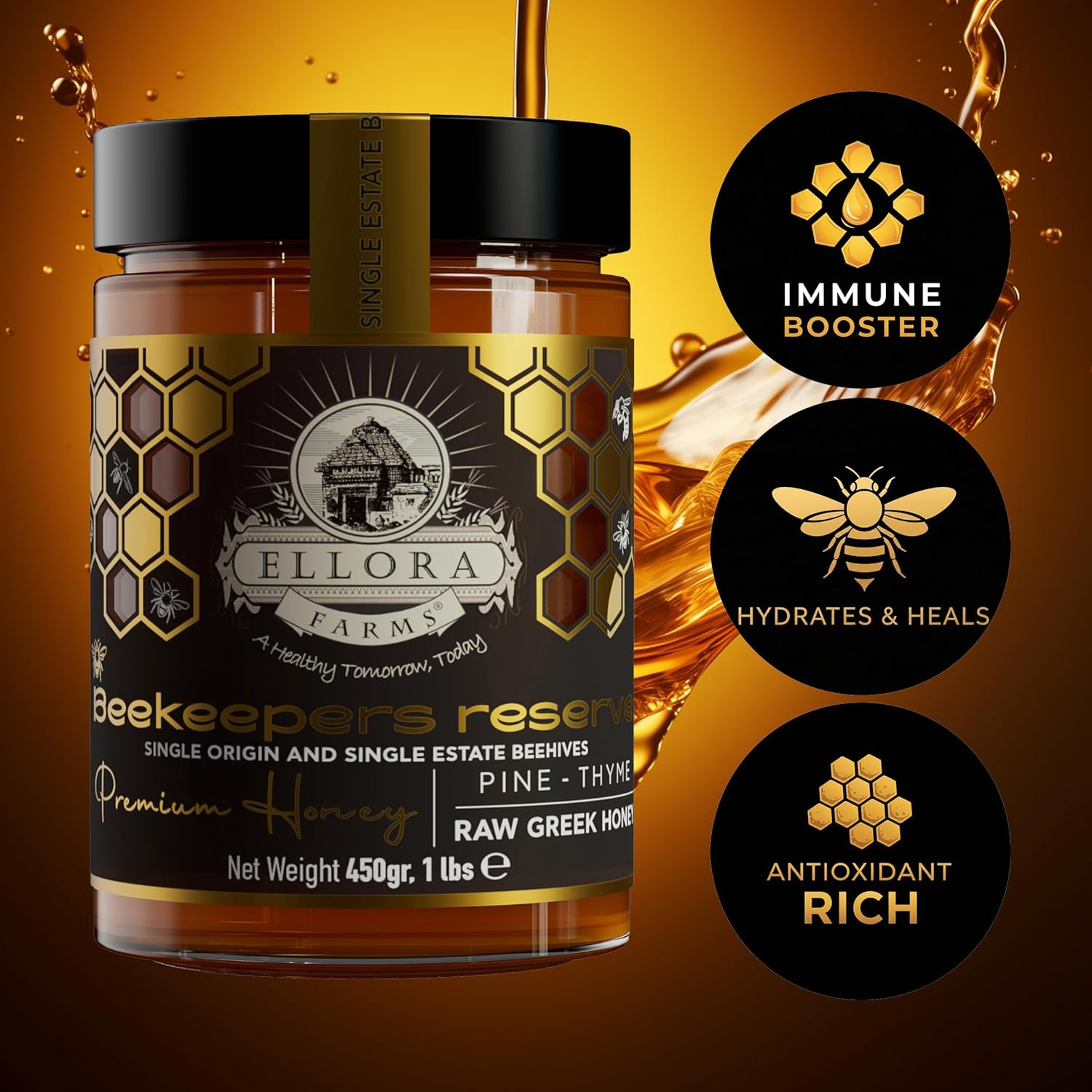 Ellora Farms Single Estate PDO Raw Greek Honey, Pine & Thyme Raw Honey Unfiltered, Beautiful Gift Pack with Dipper, Beekeepers Reserve, Pure Raw & Unfiltered Cold-Pressed, Gluten Free - 450 g