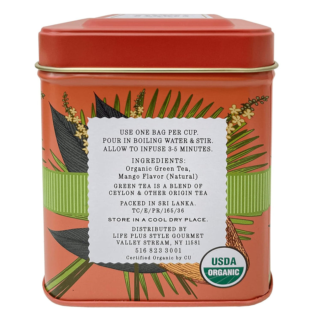 Organic Ceylon Mango Green Tea - 50 Packets - Natural Antioxidant Rich Herbal Leaf Teabags - USDA Certified 100% Non-GMO - Caffeinated Premium Gift Tin